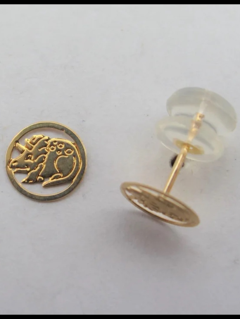 Triceratops Dinosaur Stud Earrings 14k Yellow Gold